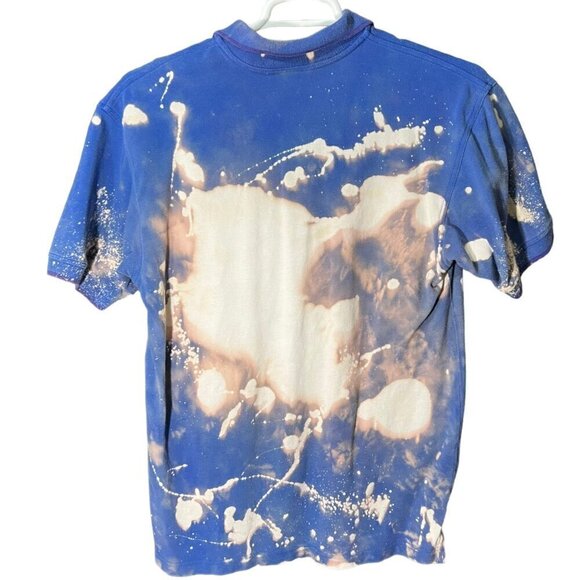 y2k Adidas Polo Shirt Reworked Bleach Bomb Embroidered Logo Blue Men's L - Picture 2 of 5